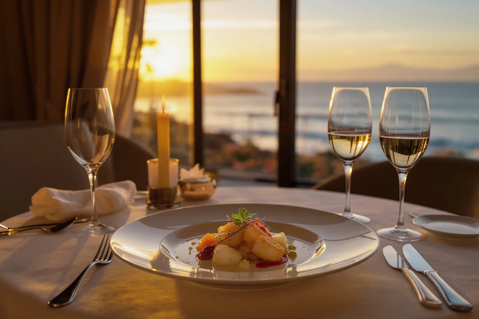 Fine dining table with plated gourmet cuisine and ocean view at sunset, Hermanus