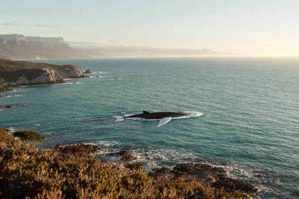 A Southern Right Whale in Walker Bay seen from the Voelklip coast near Hermanus during whale season