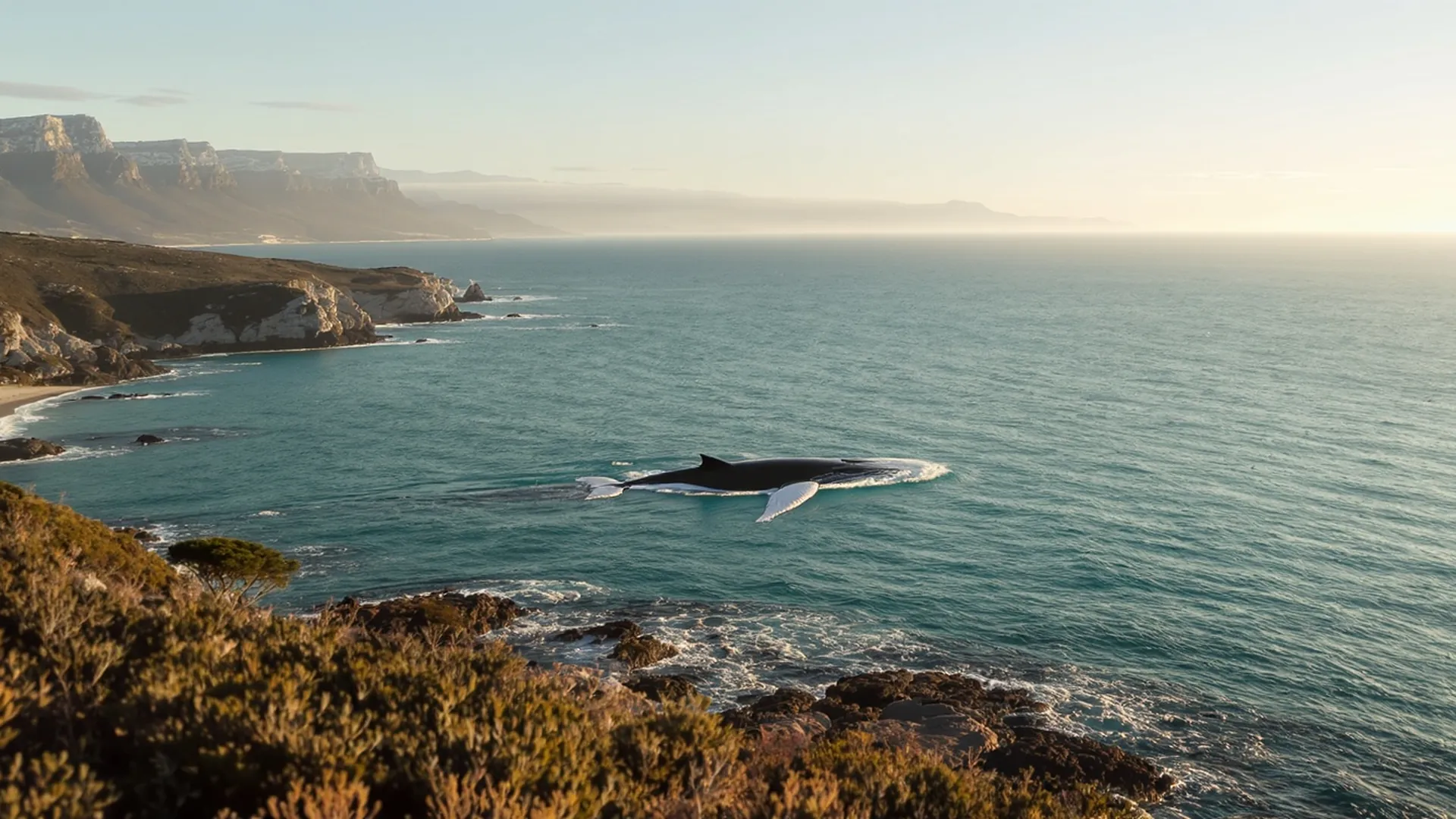 A Southern Right Whale in Walker Bay seen from the Voelklip coast near Hermanus during whale season