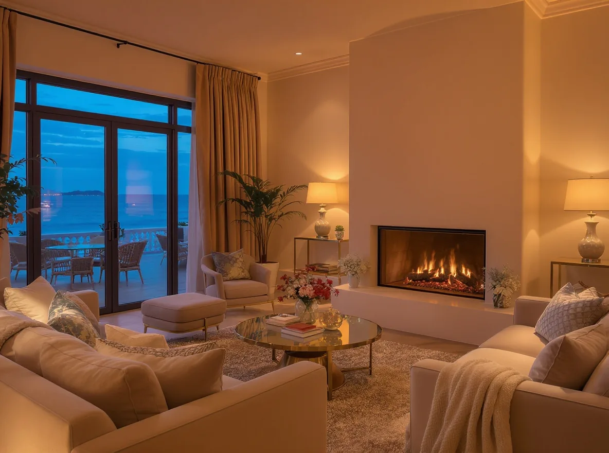 A warm, elegant lounge with a lit fireplace and sea views at Voelklip Villa in Hermanus on a winter evening